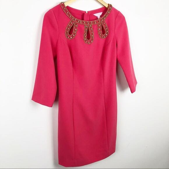 LILLY PULITZER Bronte Beaded Pink Shift Dress 2 Rhinestones Embellished Neckline - Picture 3 of 15